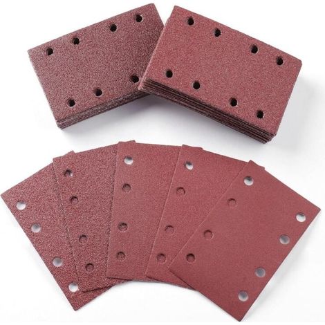 Papier de verre - 80 x 133 mm - Grains 40, 60, 80, 120 et 240 inclus - Format rectangulaire - Plateau abrasif 8 trous - Convient aux ponceuses à rails - 50 feuilles (1/5)