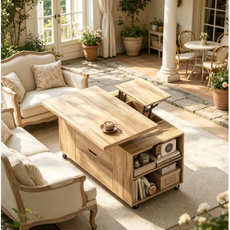OKWISH Tavolino alzabile con ruote e cassetto, rovere chiaro, 100 x 50,5 x 53 cm (1/5)