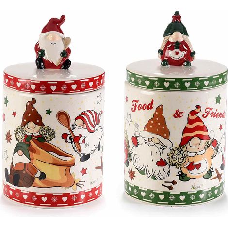 Barattoli / biscottiera / contenitore per alimenti / barattolo portadolci gnomi di Natale in ceramica con dettaglio, set da 2 pezzi, Ø 12 cm x 22 H