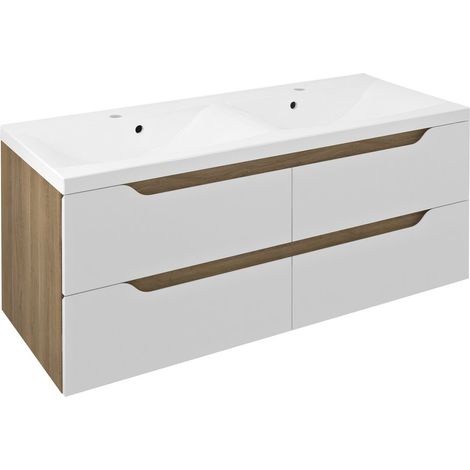 WAVE Meuble sous-vasque double 119,7x50x47,8cm, blanc/chêne cuneo (1/2)