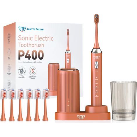 JTF Sonic Electric Toothbrush with UV Cleaning and Drying, Wireless Charging Station, 5 Cleaning Modes, 6 Replacement Brush Heads, Rinsing Cup, Rechargeable for Home and (1/5)