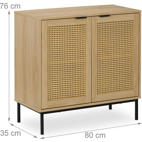 Aparador estrecho de madera de estilo natural para salón y comedor 90 x 40 x 80 cm con 2 puertas de ratán de madera natural 130016436