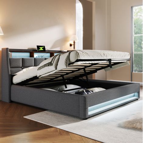 Lit coffre 180x200 gris avec LED, USB et rangement HAVRYA (1/5)