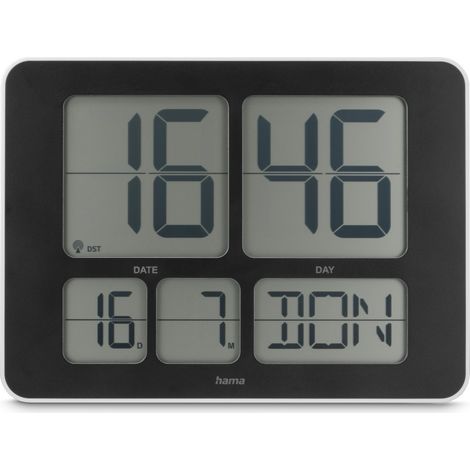 HORLOGE MURALE NUM. RADIOPIL. ''LA PALMA'', AV. DATE ET JOUR, NOIR/BLANC HAMA 00222246 (1/5)