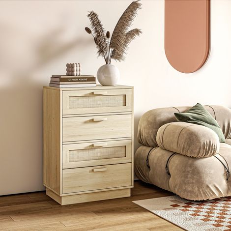 Commode Tiroirs Rotin Grille Chambre Coucher Style Bohème Conserve Mobilier Intérieur Bois Naturel 60x38x88,5cm (1/4)