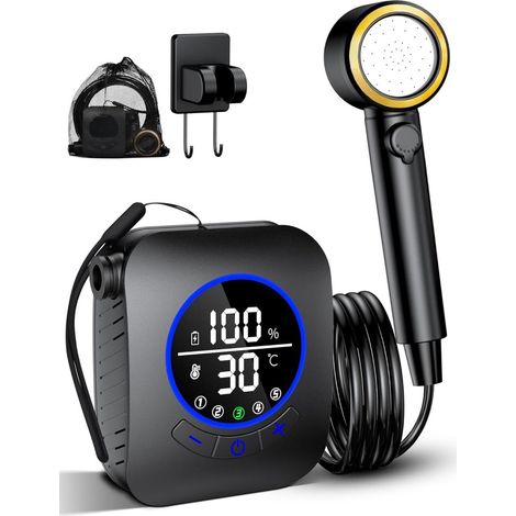 Douche Solaire Portable - Pompe Intégrée - Affichage LED HD - Batterie Rechargeable 8000 mAh - Tuyau 2 m - Pour Camping Jardin Voiture Animaux - Plastique - 9,6 x 11,3 cm (1/5)