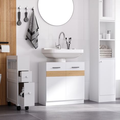 Mobiletto sottolavabo Kleankin, mobiletto da pavimento in legno con 2 ante e ripiano interno, stile moderno, 60x30x60,5 cm, bianco.