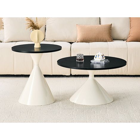 Ensemble de 2 tables basses coniques emboîtables avec plateau mélaminé noir effet bois et pieds métalliques crème (1/5)