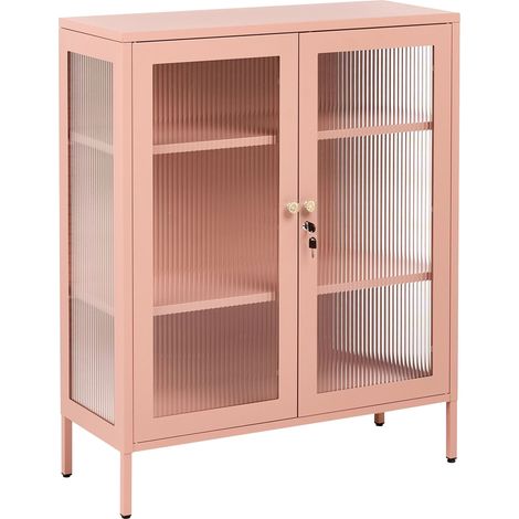 Armoire Milieu du Siècle en Acier à 2 Portes en Verre Haute Bureau à Domicile Rose Pêche Cachemire Harlyn (1/5)