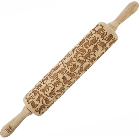 MoodForWood Nudelholz aus Holz, graviert, 43 cm, mit Griffen, perfekt zum Backen – lustiges Katzenmuster