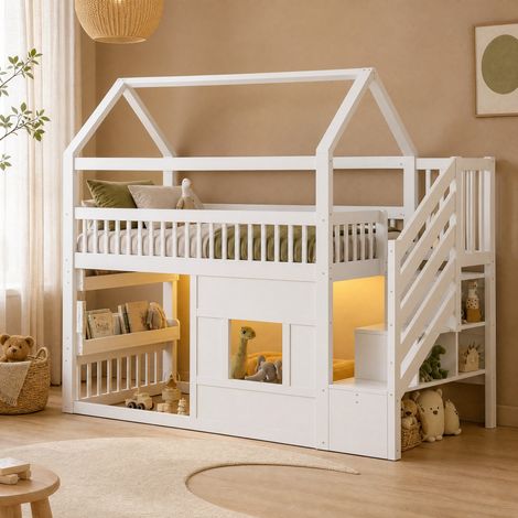 Lit cabane surélevé 90x200 cm avec escalier, étagère et LED, bois et MDF, blanc (1/5)
