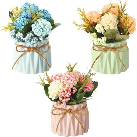 Bouquet d'hortensias artificiels 3 pièces avec petit vase en céramique fausse boules florales en soie décor de fleurs (1/5)