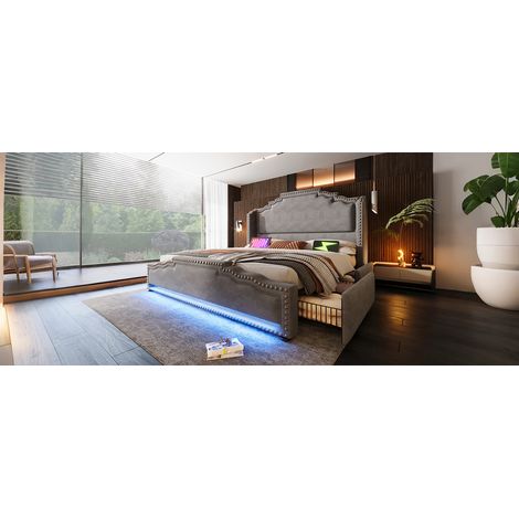Lit double de 180×200 cm. Lit avec 4 tiroirs. Éclairage LED et prise de charge USB-C. Lit avec rangement intérieur. Lit pour adolescents avec sommier en bois. Tissu : velours, couleur gris. Pas de mat (1/5)