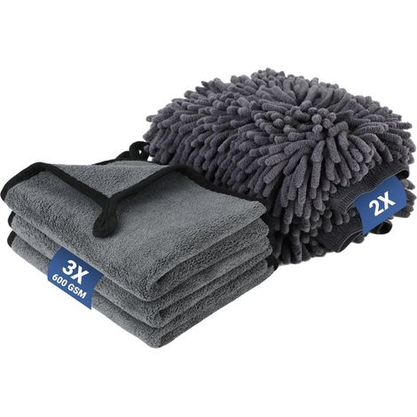 Kit de Nettoyage Auto avec 2 Gants & 3 Chiffons Microfibre Voiture – Chiffon Microfibre Voiture 600 GSM 40×30 cm pour Entretien Intérieur & Extérieur (1/5)