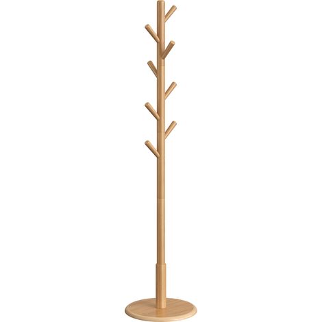 Vasagle – Portemanteau en bois d'hévéa – Support sur pieds avec 8 crochets – Réglable sur 3 hauteurs – Capacité 40 kg – Couleur naturelle (1/5)