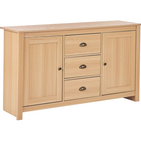 Aparador madera clara 140 x 40 cm tablero de fibra 2 puertas 3 cajones Lansin