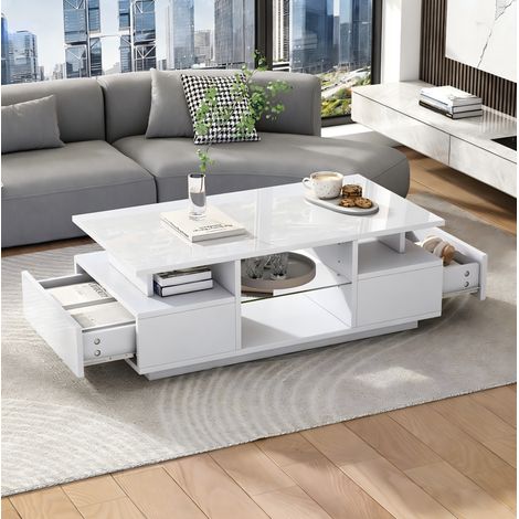 Tavolino da caffè LED con 2 cassetti, 100 x 50 x 36 cm, bianco OKMYHOME (1/5)