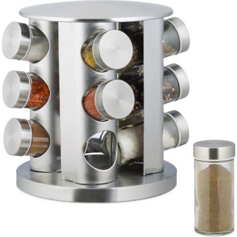 Étagère À Épices - Carrousel Pivotant En Acier Inoxydable Et Verre - Pour Cuisine Organisée - 12 Récipients Avec Embout Tamiseur - 21 x 19,5 x 19,5 cm (1/5)