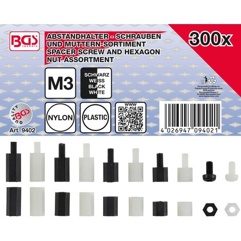 Abstandhalter-Schrauben und Sechskant-Muttern-Sortiment Nylon 300-tlg. (1/3)