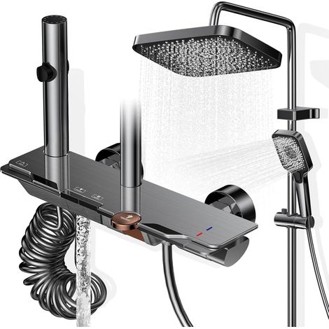 Colonne de Douche avec Mitigeur, Ensemble Douche Tête Pluie XXL 31,5cm, Panneau Commande Piano 4 Fonctions, Hauteur Réglable 83-110cm, pour Baignoire et Salle de Bain - Gris (1/5)
