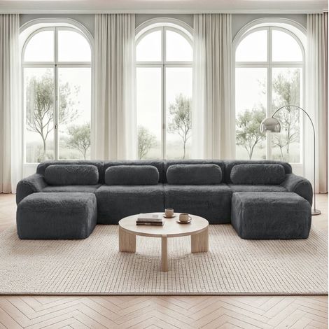 Canapé modulaire U 4 places en tissu peluche gris, sans montage, avec coussins, 378 cm (1/5)