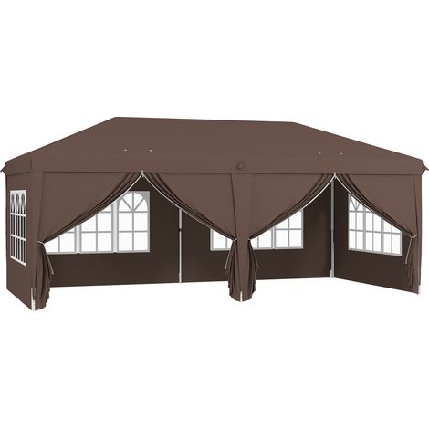 3 x 6 m Pop Up Gazebo with Sides and Windows, Height Adjustable Wedding Camping Party Tent Canopy Marquee with Storage Bag for Garden, Event, Brown