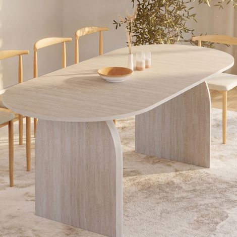 Mesa de comedor ovalada extensible japandi EDITH 6-10 personas estilo travertino 160-200 cm (1/5)