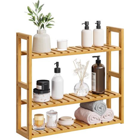 Étagère Salle de Bain Bambou, 3 Niveaux, Support pour Plantes, Réglable, sur Pieds ou à Suspendre, pour Salon, Salle à Manger, Balcon, Cuisine, Couleur Boisée 60 x 15 x 54 cm (1/5)