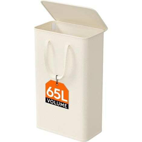 Panier a Linge avec Couvercle, Panier à Linge Sale Pliable, Panière à Linge Extra Plat, Corbeille a Linge avec Poignées Allongées pour Chambre, Salle de Bain, Buanderie, 65 L, Blanc (1/5)