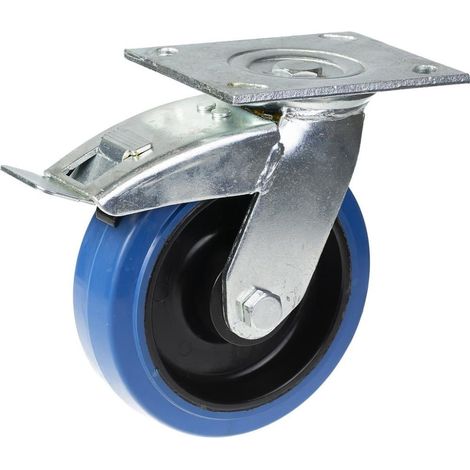 Roue pivotante/freinante de 125 mm avec caoutchouc élastique bleu sur roue centrale en nylon (1/5)