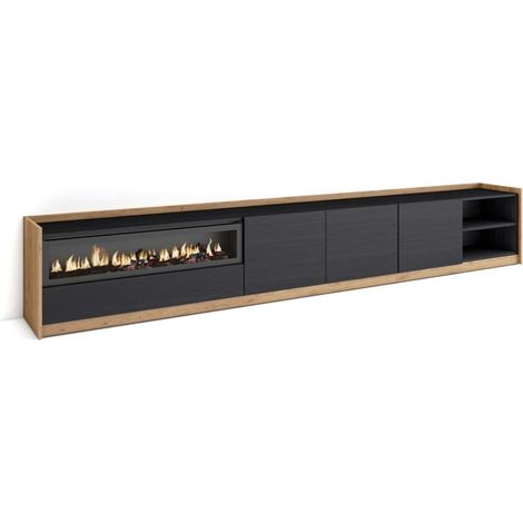 Mueble TV Faraján-02 de 310x50x37 cm con chimenea eléctrica, color negro y roble (1/4)