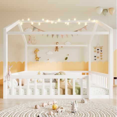 Cama infantil casita 90x190 cm, pino blanco, con barreras y LED (1/5)