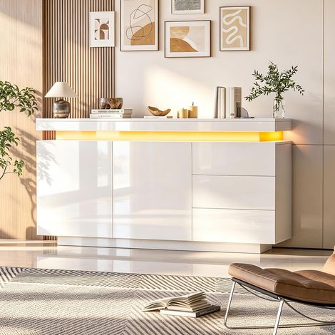 Sideboard Hochglanz Weiß für Wohnzimmer mit LED-Fernbedienung, Kommode mit Soft-Close Scharnieren, Wohnzimmerschrank mit Kippschutz für Flur & Esszimmer, 140 x 35 x 73 cm (1/5)