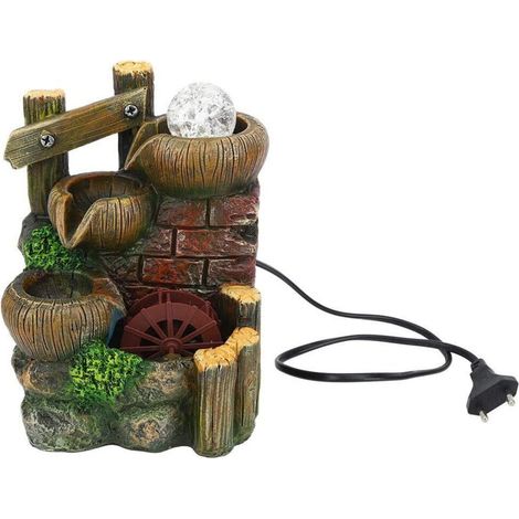 Interessante fontana da tavolo in resina a forma di torre di pietra con flusso d'acqua, che simula il suono di una cascata, decorazione per casa e ufficio. Spina europea AC220V-240V.