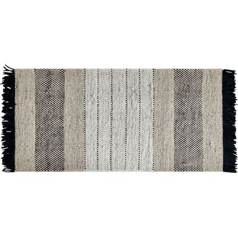 Alfombra de lana beige claro negro 80 x 150 cm hecho a mano borlas Yazlik (1/5)