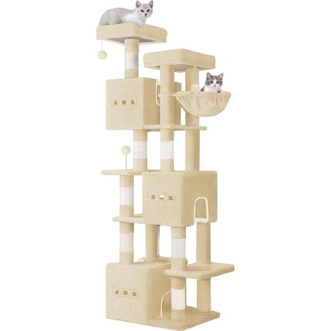 Arbre à Chat, Grande Tour à Chat pour Chats d'intérieur, 2 Plates-Formes, 3 Condos, 7 Griffoirs, 1 Panier, Pompons, Coussin Lavable, Beige (1/5)