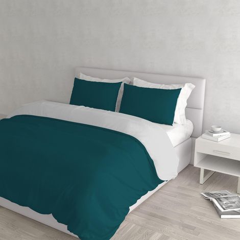 Housse de couette double-face couleur unie avec taies d'oreiller, Vert pétrole/Gris Clair (1/5)