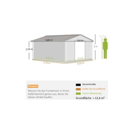 Abri de jardin gris anthracite en acier galvanisé 12,4 m avec toit monopente, porte coulissante et fondation pour jardin, terrasse (1/5)