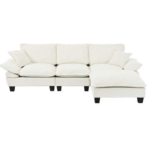 Sofá esquinero modular en L de chenilla beige con otomana móvil y 2 cojines, 263/264 x 155 x 90 cm (1/5)