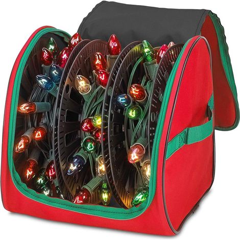 Rouge Sac de rangement premium pour guirlandes lumineuses de Noël Matériau ultra résistant et indéchirable 600D avec intérieur en PVC (1/5)