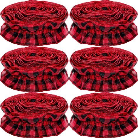Guirlande de ruban d'arbre de Noël Ornement de Noël à carreaux de buffle, 9 pieds X 6 rouleaux Guirlande de ruban d'arbre en tissu à carreaux de buffle rouge et noir, décoration de maison de Noël (1/5)