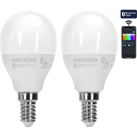 Aigostar Lot de 2 Ampoules LED Connectées Bluetooth Mesh G45 E14 6,5W RGB+CCT Éclairage Intelligent Réglable Pilotable par Télécommande