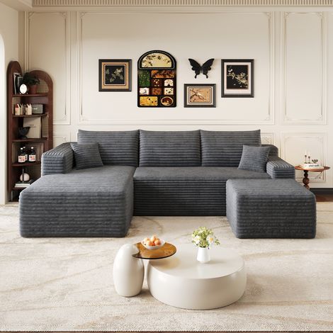 Divano angolare a U a 3 posti in velluto a coste, chaise longue a sinistra + pouf, non richiede montaggio, compresso, 241x151x58 cm, grigio (1/5)
