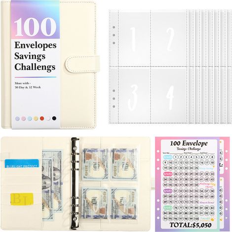100 enveloppes pré-numérotées pour défi d'épargne, cahier d'épargne avec suivi plastifié réutilisable, classeur flexible pour épargne progressive (1/5)