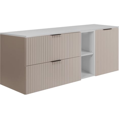 Set da bagno: mobile con cassetti, mobile con ante e ripiano 57×46×140 cm, colore: bianco / cashmere, maniglia nera (1/5)
