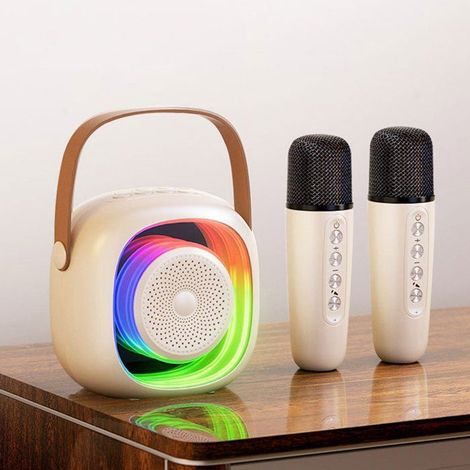 Enceinte Portable, Bluetooth 5.3, Fonction karaoké, basses percutantes, LED colorées, avec 2 Micro sans Fil, pour Fête - Beige (1/4)