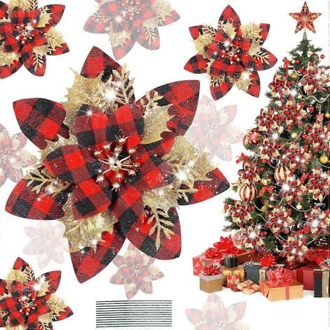 AURA 16 Stück Weihnachtsdekorationen, glitzernde künstliche Blumen, für Neujahr, Hochzeit, Weihnachtskranz, Zuhause, Party, Dekoration (schwarz und weiß) (1/5)