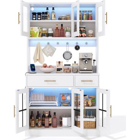 ELVMI Aparador de Cocina con 6 Puertas, 2 Cajones, Estantes Ajustables y LED Controlados por Aplicación, MDF Blanco (1/5)