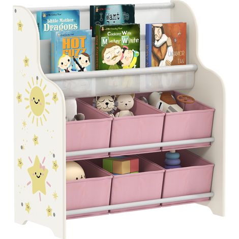 Scaffale Portagiochi con 6 Cassetti in Tessuto e Libreria a 2 Livelli, in Legno e Acciaio, 63x30x71 cm, Rosa
