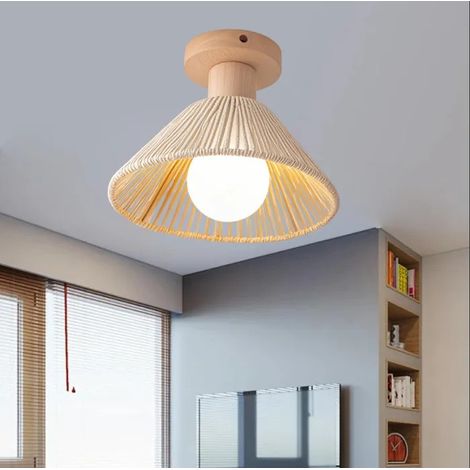 Rétro Plafonnier Industriel,22cm Lustre Vintage en Rotin Blanc et Bois Cage Lampe de Plafond Style Nordique pour Couloir (1/5)